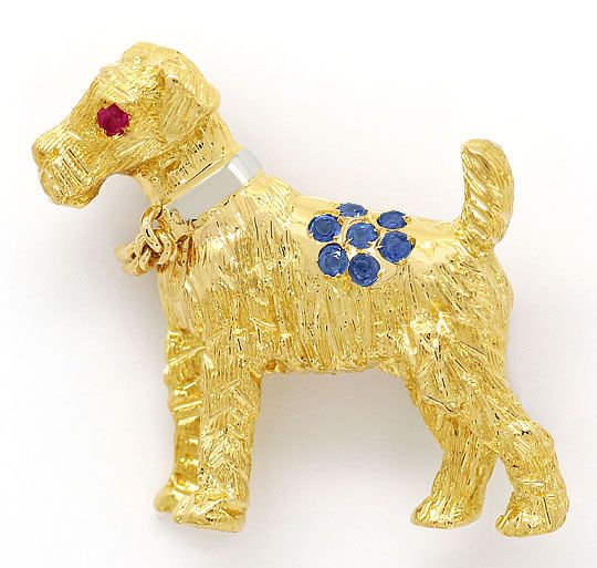 Foto 2 - Gold Hund Plastisch als Brosche Rubine Saphire 18K Gold, S3128